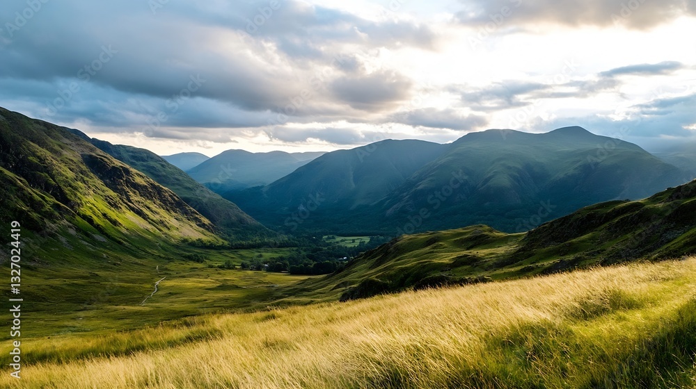 Serene panoramic view of lush green mountains under a cloudy sky at sunset : Generative AI Serene panoramic view of lush green mountains under a cloudy sky at sunset : Generative AI