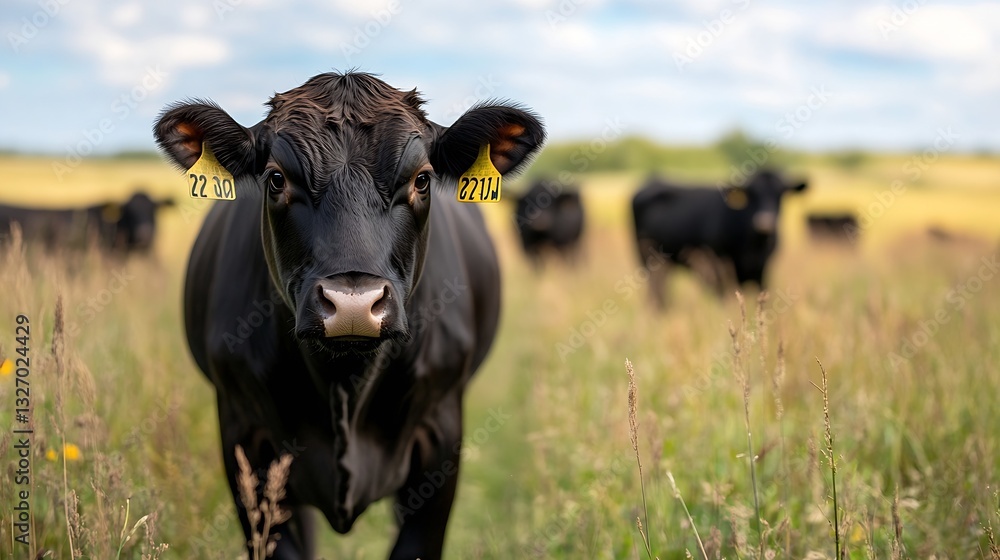 Close up of a black cow in a scenic grassy field with a partially cloudy sky in the background : Generative AI Close up of a black cow in a scenic grassy field with a partially cloudy sky in the background : Generative AI