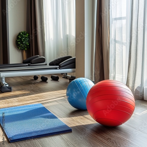 Spacious gym room featuring exercise ball and towel for in-home physical rehabilitation and fitness activities