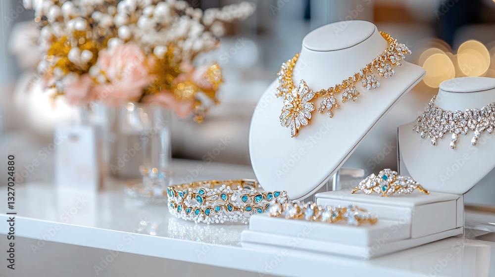Fototapeta premium Elegant Showcase of Luxury Jewelry Display with Beautiful Necklaces, Earrings, and Floral Arrangement