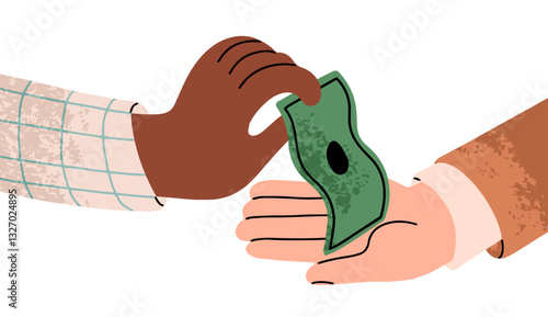 Hand giving, getting money. Holding cash, dollar bill for payment. Paying with paper banknote. Bribe, corruption, financial business concept. Flat vector illustration isolated on white background
