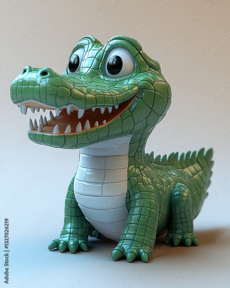 Fototapeta premium Cartoon crocodile figurine, studio shot, light background, happy expression