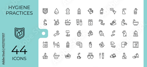 Hygiene minimal icon set. Includes thin line care, clean, sanitary, washing, antiseptic, wash, protection and more. Pixel perfect. Bath vector line icons. Vector icons editable stroke.
