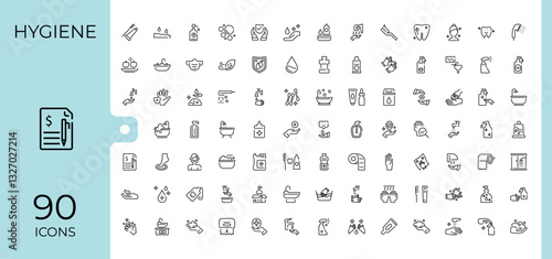 Hygiene minimal icon set. Includes thin line care, clean, sanitary, washing, antiseptic, wash, protection and more. Pixel perfect. Bath vector line icons. Vector icons editable stroke.