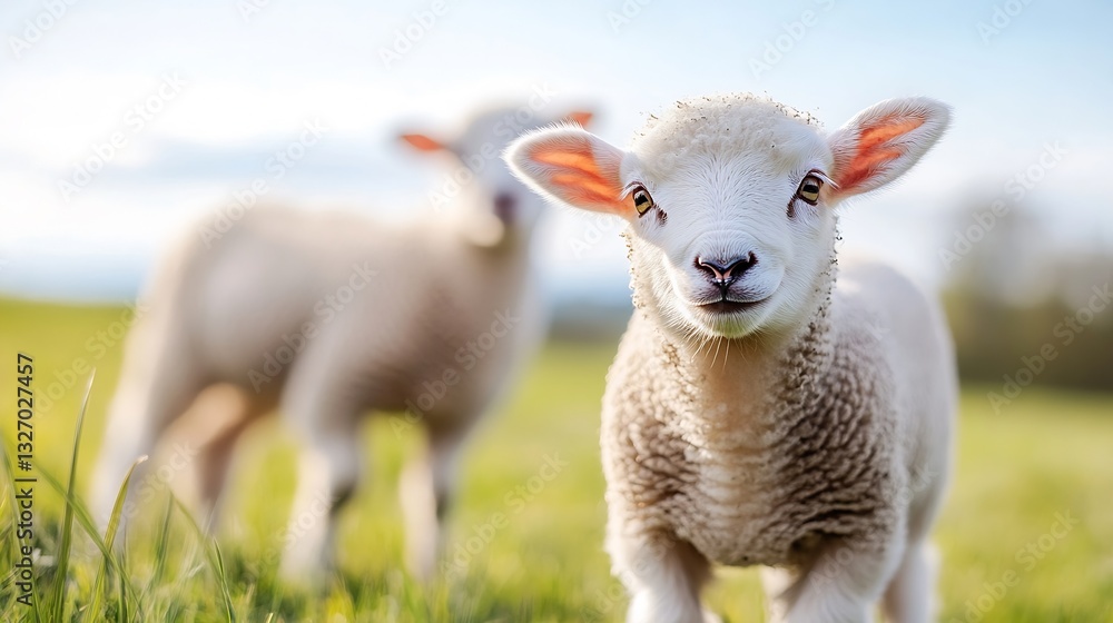 Fototapeta premium Adorable young lamb with playful expression in a beautiful green pasture under bright sky : Generative AI