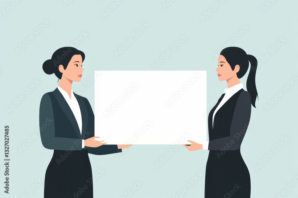 Women presenting a blank sign in a professional setting for advertising purposes related to Two Women presenting a blank sign in a professional setting for advertising purposes related to Two