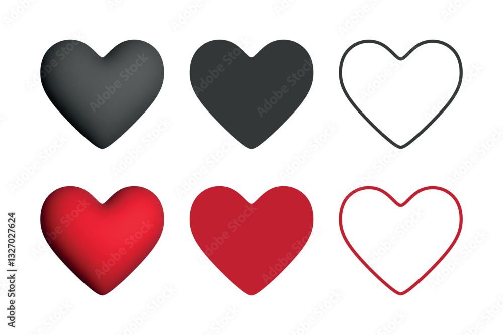 Six heart icons set, black and red hearts, solid, outline, and 3d style, vector illustration. Six heart icons set, black and red hearts, solid, outline, and 3d style, vector illustration.