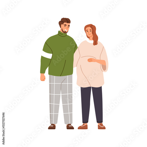 Pregnant woman, standing with man, husband. Happy family couple expecting bab...