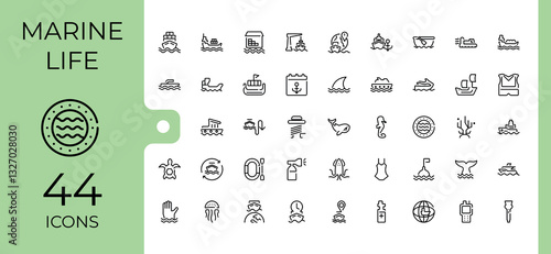 Marine modern icons. Includes thin line anchor, ocean, nautical, sail, water, ship, fish and more. Set of line pictogram. Sea icon. Minimalistic icon collections.