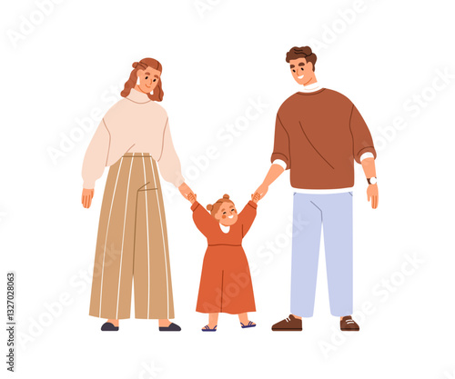 Parents and girl kid. Mother, father and daughter holding hands together. Happy family. Mom and dad teaching, helping child, toddler to walk. Flat vector illustration isolated on white background