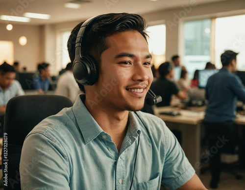 Smiling Customer Service Representative Wearing Headset in a Busy Call Center Environment, Ready to Assist Clients