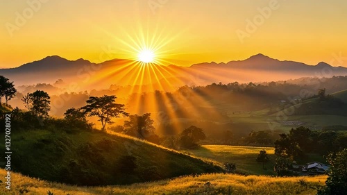 Wallpaper Mural Breathtaking sunrise over rolling hills, casting golden rays of sunlight across serene landscape, creating tranquil morning scenery in nature. Torontodigital.ca