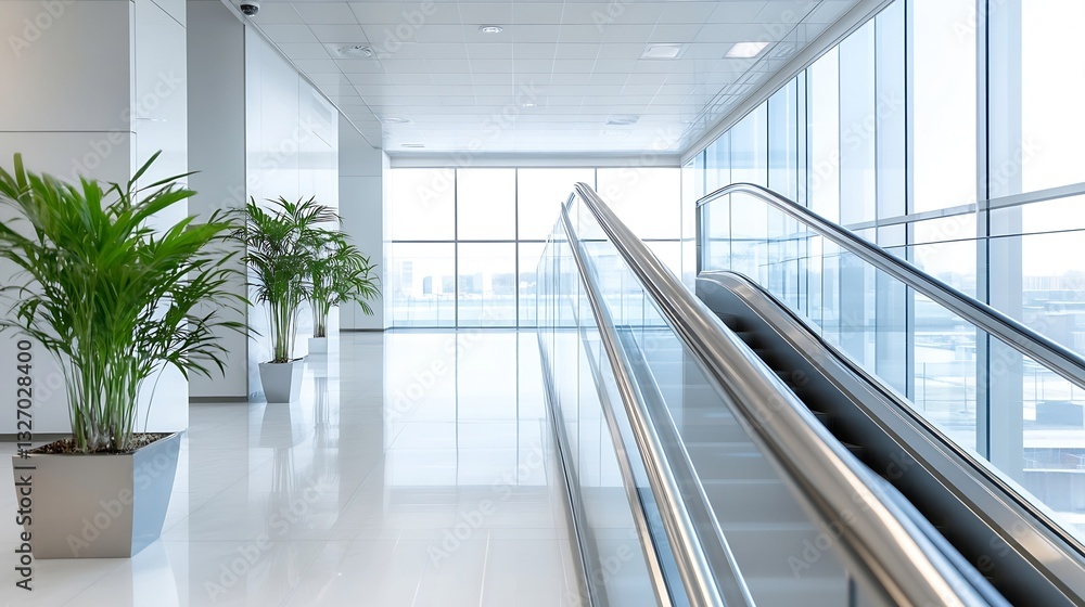 Obraz premium Bright and spacious interior of a modern office building with escalators and lush greenery : Generative AI