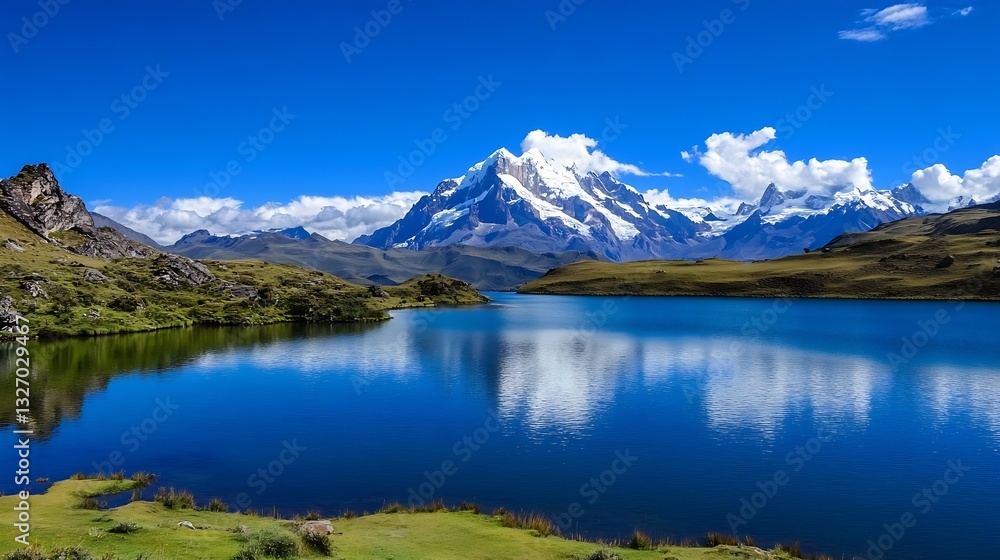 Majestic panorama featuring towering snow capped mountains reflected in a serene blue lake : Generative AI Majestic panorama featuring towering snow capped mountains reflected in a serene blue lake : Generative AI
