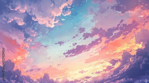 Artistic cloudscape illustration featuring vibrant colors and dynamic composition
