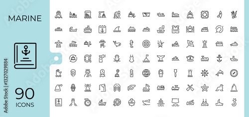 Marine modern icons. Includes thin line anchor, ocean, nautical, sail, water, ship, fish and more. Set of line pictogram. Sea icon. Minimalistic icon collections.