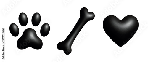 Black 3d glossy icons set, paw print, bone, heart, isolated on white background.