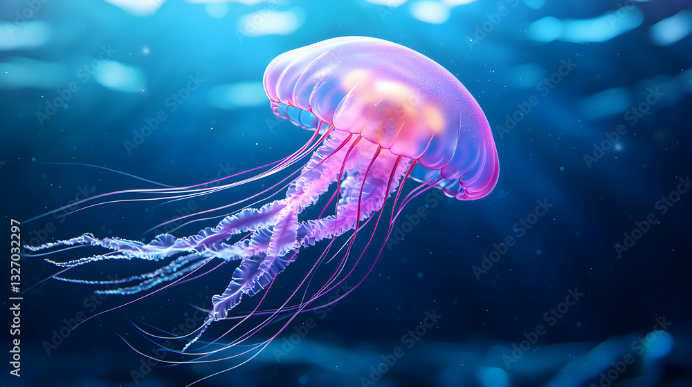 Fototapeta premium Glowing Pink Jellyfish in a Dark Blue Ocean