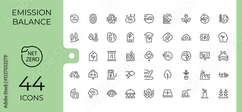 Net Zero line icons. Contain linear sign friendly, electric, change, power, renewable and more. Outline icon collection. Carbon modern icons. Minimal linear icons.