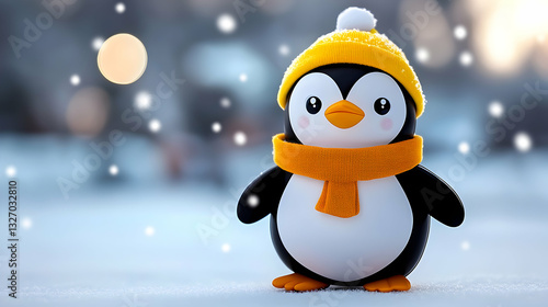 Cute Penguin Wearing Yellow Hat and Scarf in Snowy Winter Scene photo