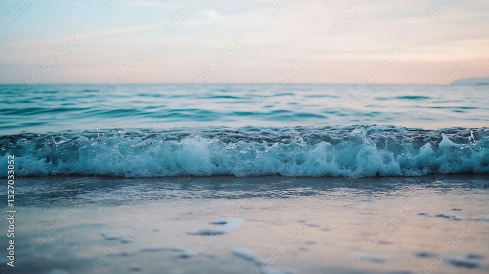 Gentle ocean waves lapping at the sandy shore during calm sunset reflecting a serene atmosphere : Generative AI Gentle ocean waves lapping at the sandy shore during calm sunset reflecting a serene atmosphere : Generative AI
