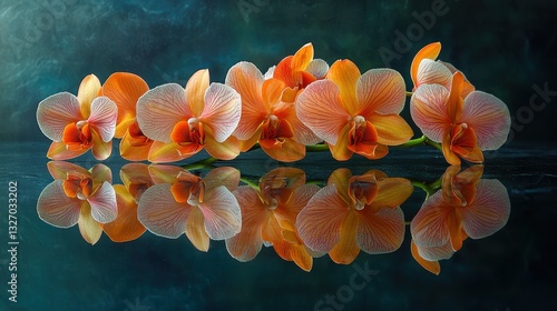 Reflections of peach orchid blooms create a stunning display of symmetry and delicate beauty.