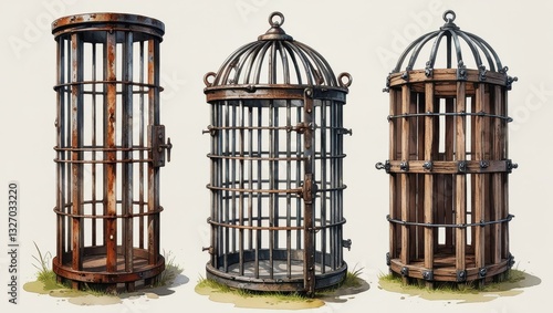 Wallpaper Mural Three Antique Prison Cells Rusty Metal Iron and Wooden Birdcage Designs Torontodigital.ca