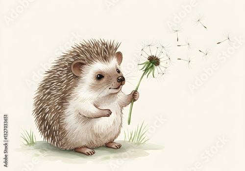 Watercolor Illustration of a Tiny Hedgehog Holding a Dandelion Puff, Ready to Blow in the Wind.