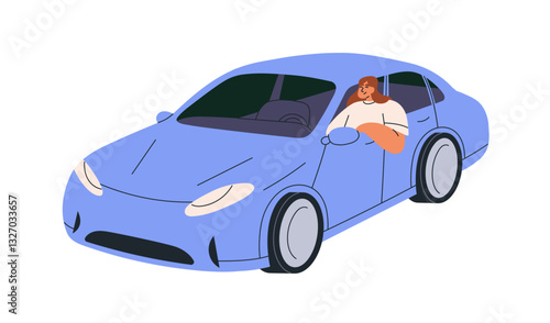 Woman driving car. Happy female driver enjoying road trip, journey, looking outside through open window. Girl in auto transport, vehicle. Flat vector illustration isolated on white background