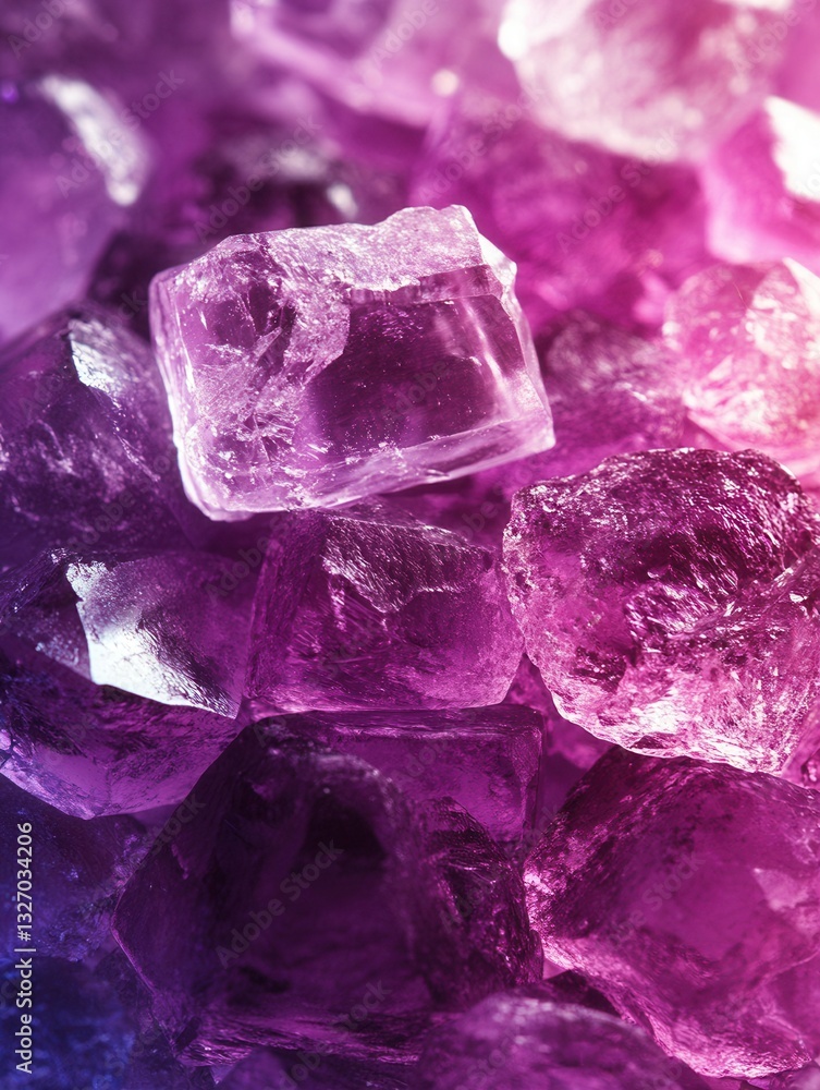 Abstract close up of vibrant purple and pink crystal rock candy formation with captivating light play and depth of field Abstract close up of vibrant purple and pink crystal rock candy formation with captivating light play and depth of field