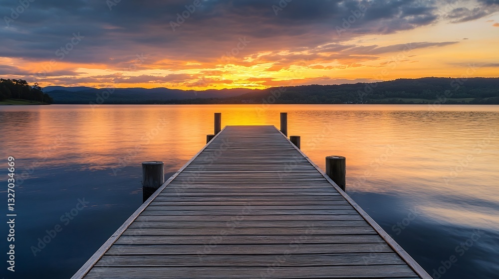 Stunning sunset view from a wooden dock extending over calm lake waters reflecting the sky : Generative AI Stunning sunset view from a wooden dock extending over calm lake waters reflecting the sky : Generative AI