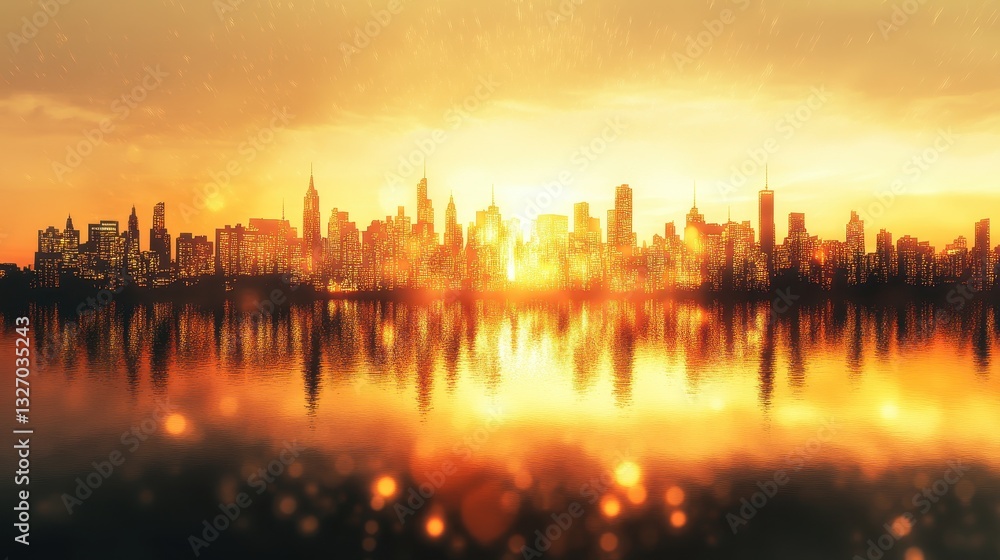 Fototapeta premium Golden Sunrise Over Urban Skyline Reflecting on Calm Water
