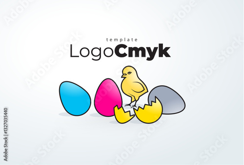 Chick and eggs ink colored. Logo СMYK Print. Template design vector. White background.