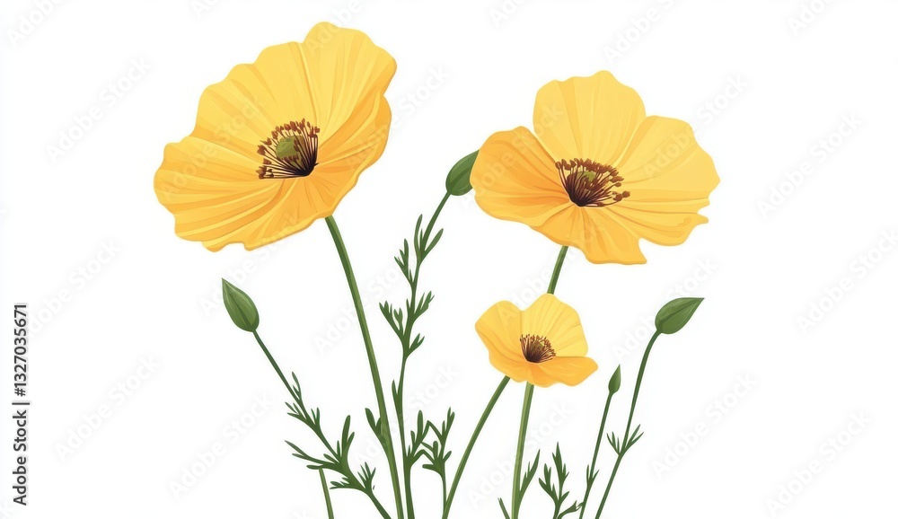 Naklejka premium Bright Yellow Poppies Floral Illustration White Background