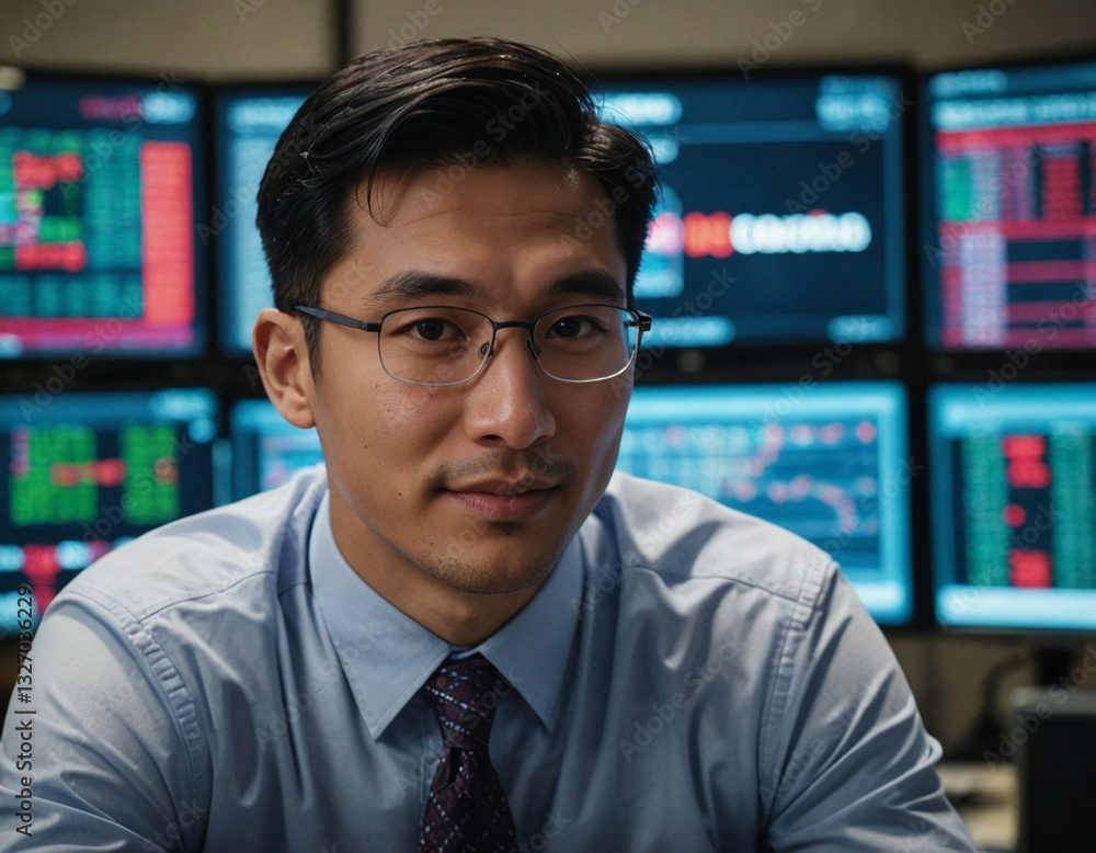 Serious Asian Businessman Examining Financial Statistics and Trends on Multiple Computer Displays, Perfect for Illustrating Data Science, Fintech, and Investment Technology Serious Asian Businessman Examining Financial Statistics and Trends on Multiple Computer Displays, Perfect for Illustrating Data Science, Fintech, and Investment Technology