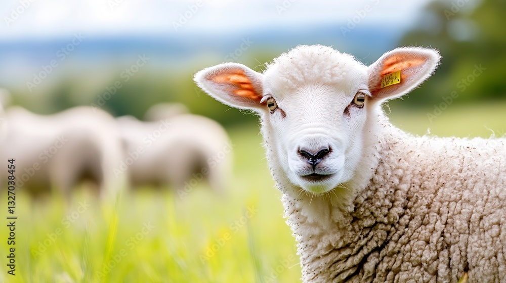 Fototapeta premium Close up of a curious sheep with a beautiful countryside background in vibrant green grass : Generative AI