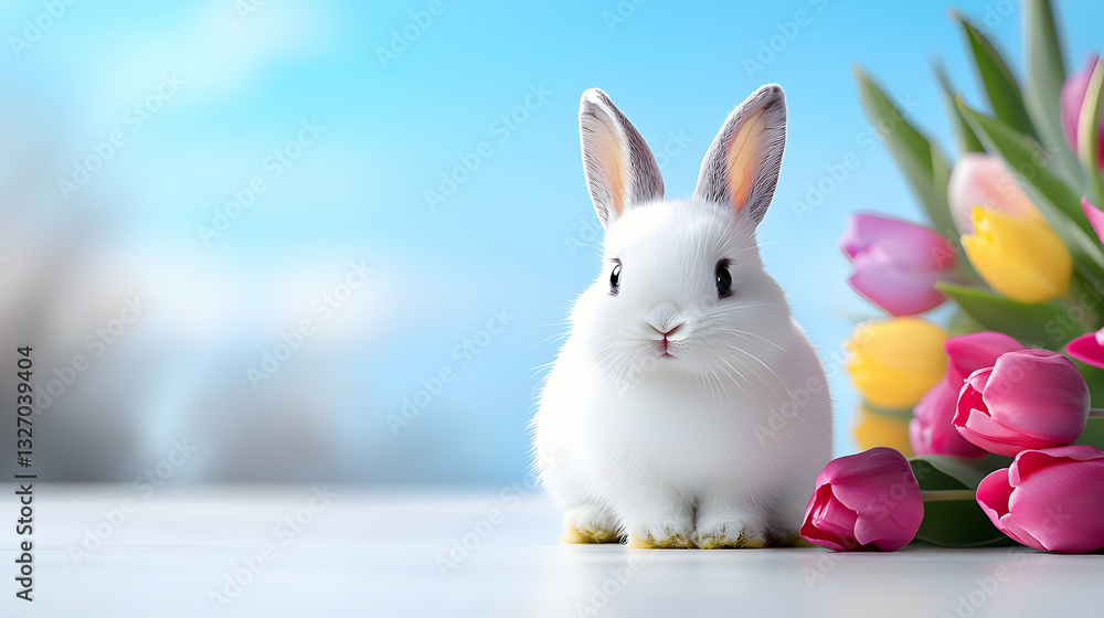 Adorable White Baby Bunny with Pink and Yellow Tulips