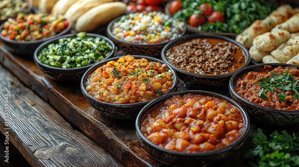 A Rustic Wooden Table Displaying an Array of Delicious and Colorful Middle Eastern Dishes, Including Stews, Salads, and Flatbreads, Ready to be Served A Rustic Wooden Table Displaying an Array of Delicious and Colorful Middle Eastern Dishes, Including Stews, Salads, and Flatbreads, Ready to be Served