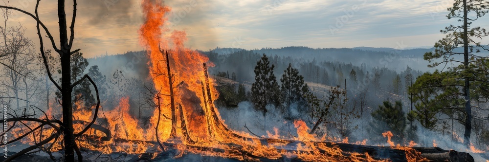 Fototapeta premium Forest Fire Inferno: A Devastating Blaze Engulfs the Landscape