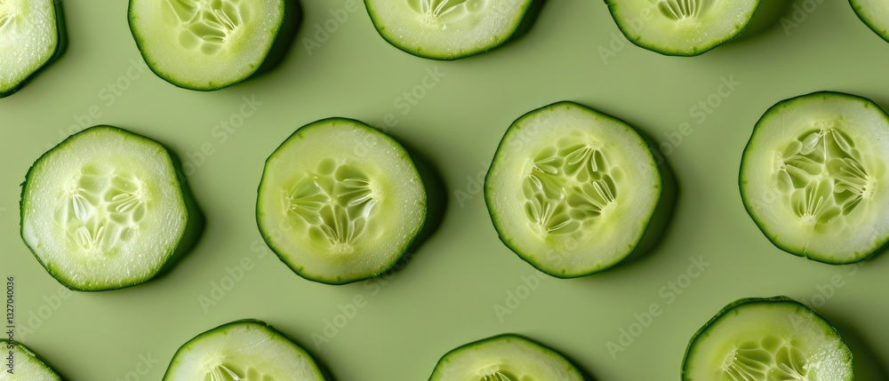 Sliced cucumber pieces arranged on a colorful background. Top down aerial view of sliced fresh vegetable with juice textured. Flat lay composition with copy space for food and health design. AIG55. Sliced cucumber pieces arranged on a colorful background. Top down aerial view of sliced fresh vegetable with juice textured. Flat lay composition with copy space for food and health design. AIG55.