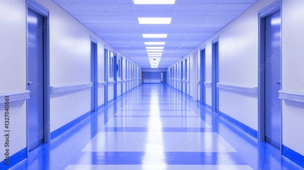 Fototapeta premium A long, empty hospital corridor with blue floors and walls, illuminated by bright overhead light