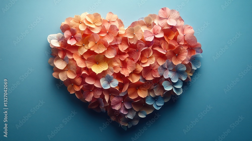 Fototapeta premium Pastel Hydrangea Petals Forming Heart on Blue Background