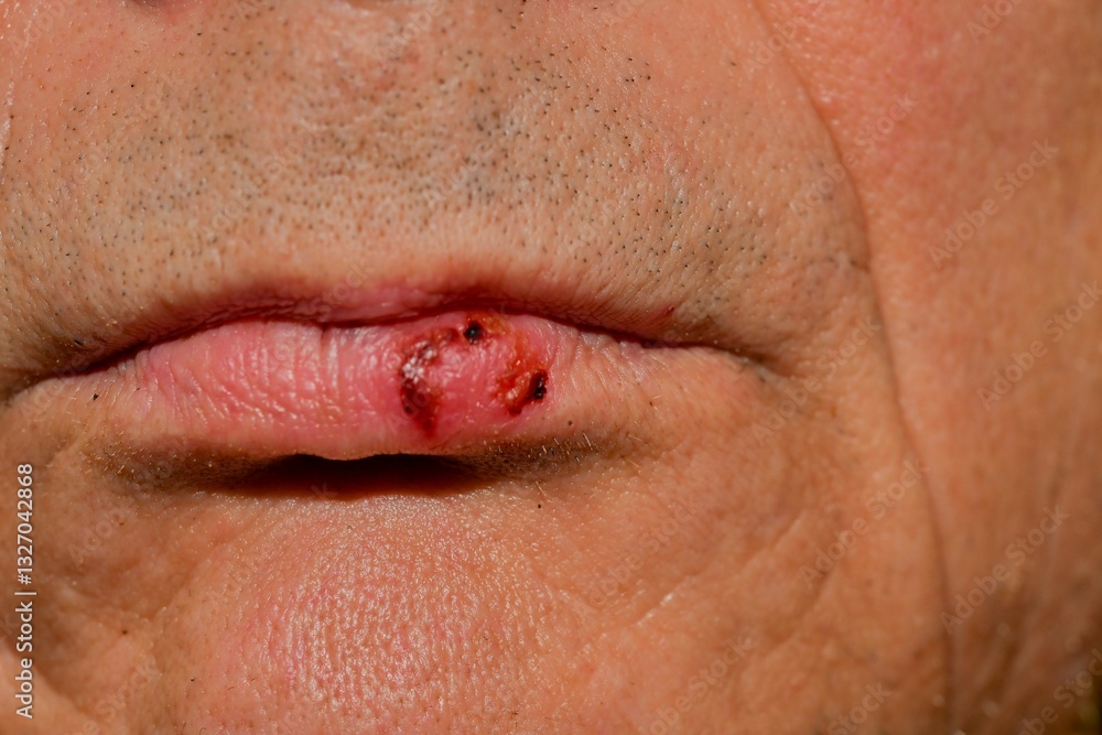 Oral herpes on the lip. Cold sore on the mouth. Fever blister on lips. The concepts of vitamins and a healthy lifestyle Oral herpes on the lip. Cold sore on the mouth. Fever blister on lips. The concepts of vitamins and a healthy lifestyle