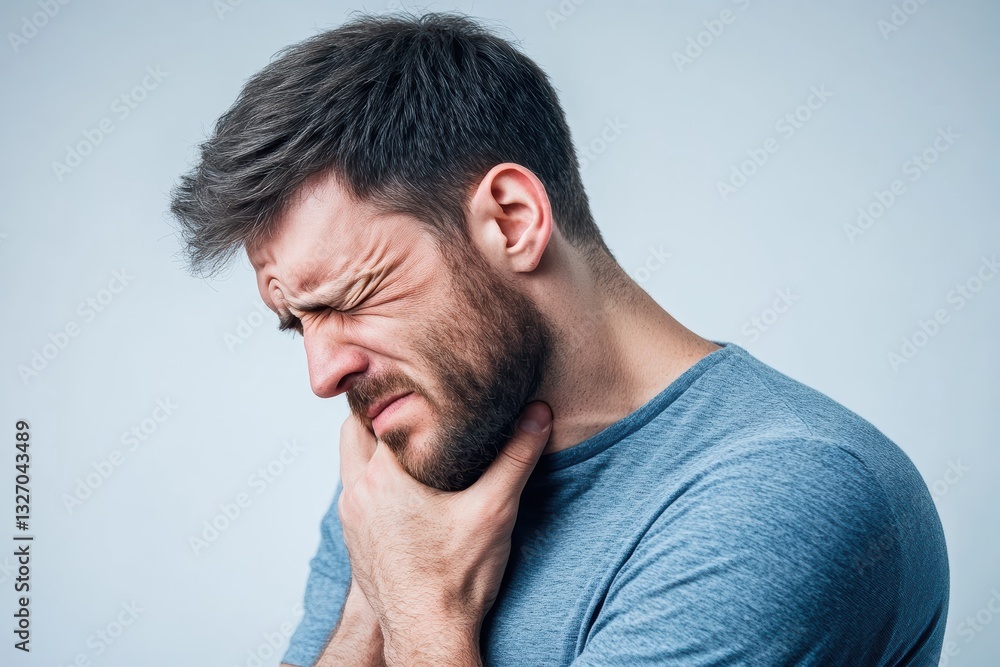 Obraz premium Experiencing neck and throat pain while holding chin with discomfort
