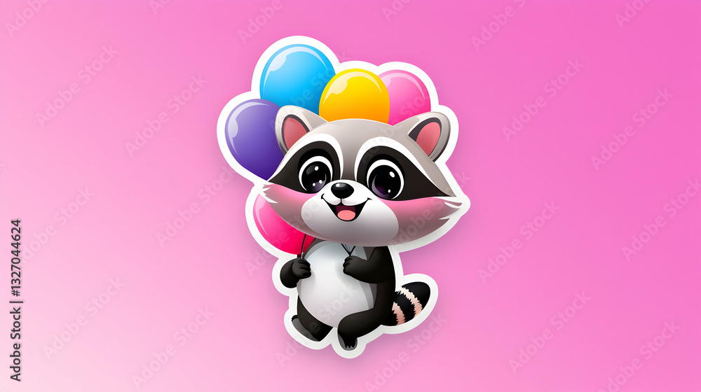 Cute Cartoon Raccoon with Balloons on Pink Background Cute Cartoon Raccoon with Balloons on Pink Background