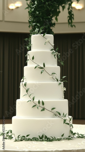 Six tier wedding cake with green leaf detail in bright room, symbol of marriage celebration and happy moment of love and romantic