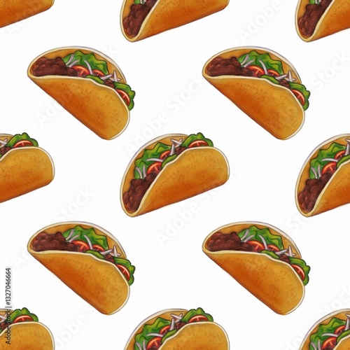 A repeating pattern of illustrated tacos on a white background. Each taco features a golden-brown shell filled with colorful ingredients like lettuce, tomatoes, and meat.