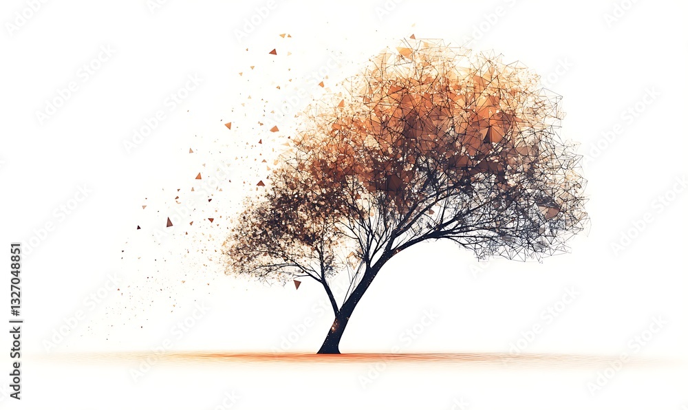 Fototapeta premium A digitally created tree with geometric branches and scattered elements