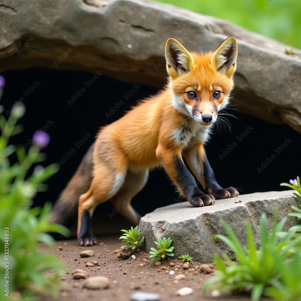 Obraz premium A curious young fox explores its natural environment, showcasing vibrant fur and energy.