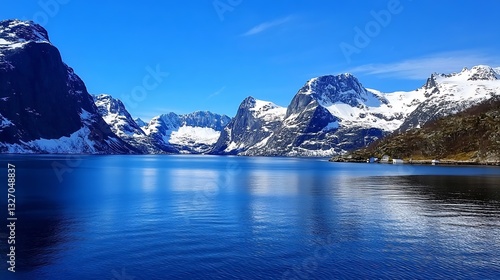 Stunning landscape of snowcapped mountains reflected in crystal clear blue waters : Generative AI photo